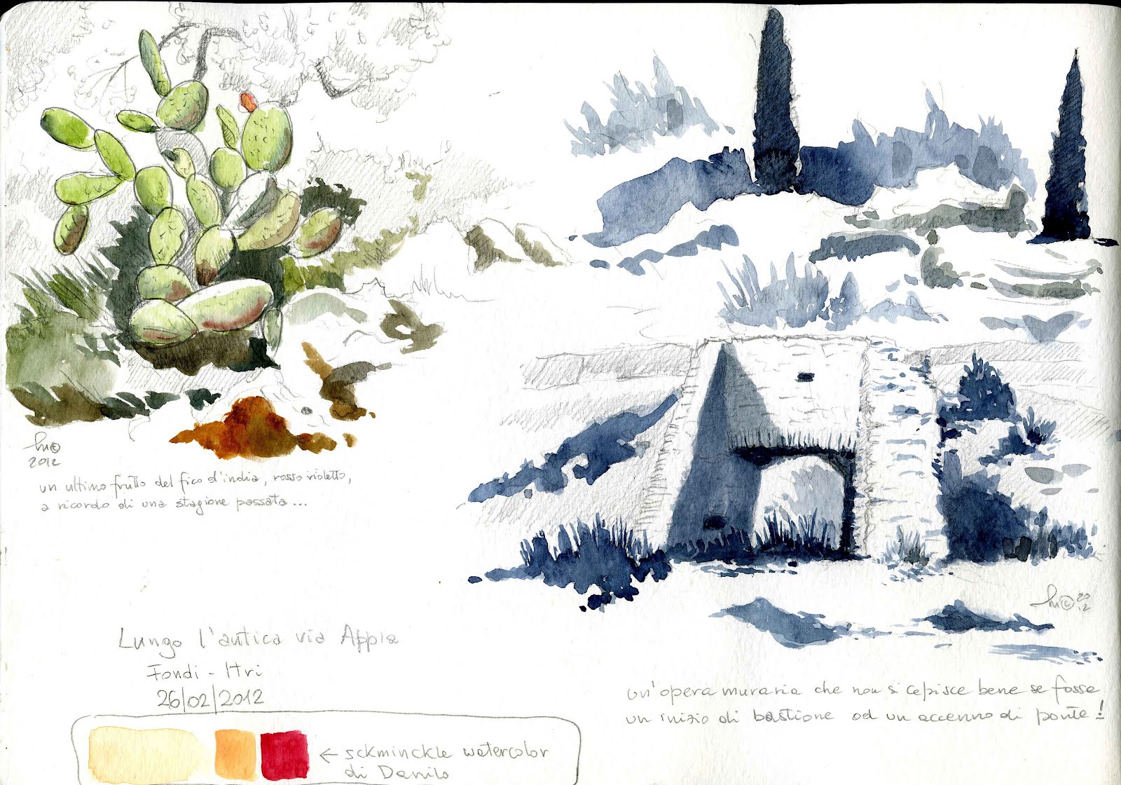 Luc - Via Appia - Acquerello, matita e penna a china su Moleskine Folio
