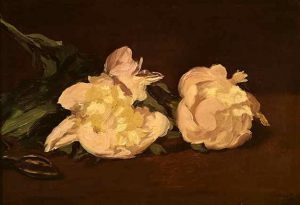 Ramo di peonie bianche e forbici. Manet