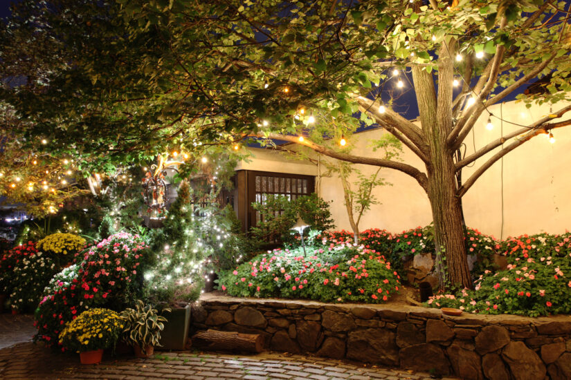 Giardino fiorito illuminato da luci decorative serali, con alberi, aiuole colorate e atmosfera accogliente.