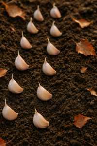 Spicchi d’aglio freschi disposti su terreno soffice durante la semina autunnale nell’orto.