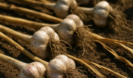Bulbi d’aglio maturi lasciati ad asciugare all’ombra dopo la raccolta primaverile in un orto domestico.