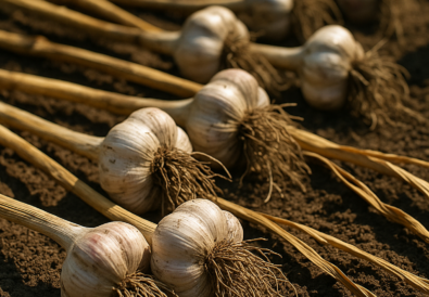 Bulbi d’aglio maturi lasciati ad asciugare all’ombra dopo la raccolta primaverile in un orto domestico.