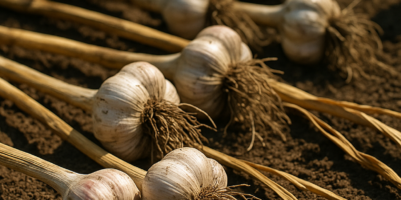 Bulbi d’aglio maturi lasciati ad asciugare all’ombra dopo la raccolta primaverile in un orto domestico.
