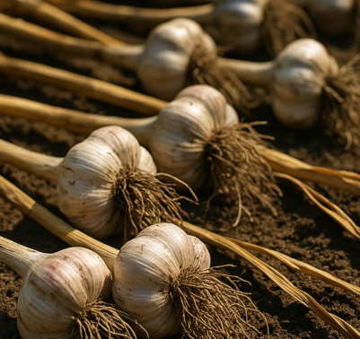Bulbi d’aglio maturi lasciati ad asciugare all’ombra dopo la raccolta primaverile in un orto domestico.