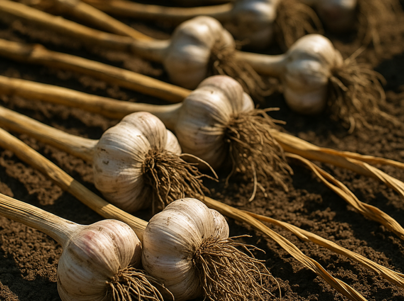 Bulbi d’aglio maturi lasciati ad asciugare all’ombra dopo la raccolta primaverile in un orto domestico.
