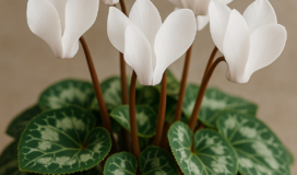 Primo piano di un ciclamino con fiori bianchi e foglie variegate, coltivato in vaso.