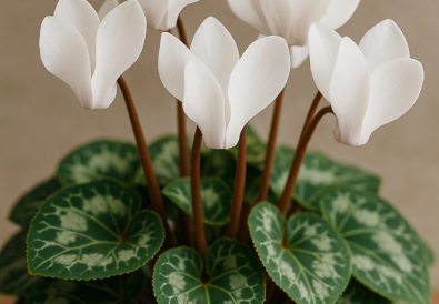 Primo piano di un ciclamino con fiori bianchi e foglie variegate, coltivato in vaso.