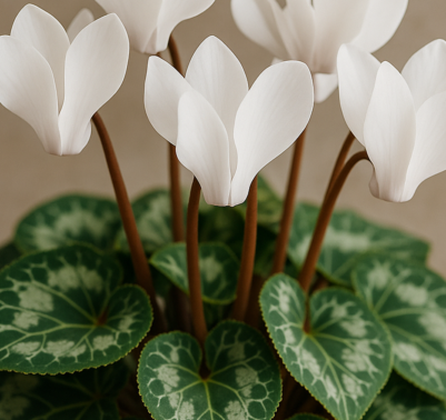 Primo piano di un ciclamino con fiori bianchi e foglie variegate, coltivato in vaso.