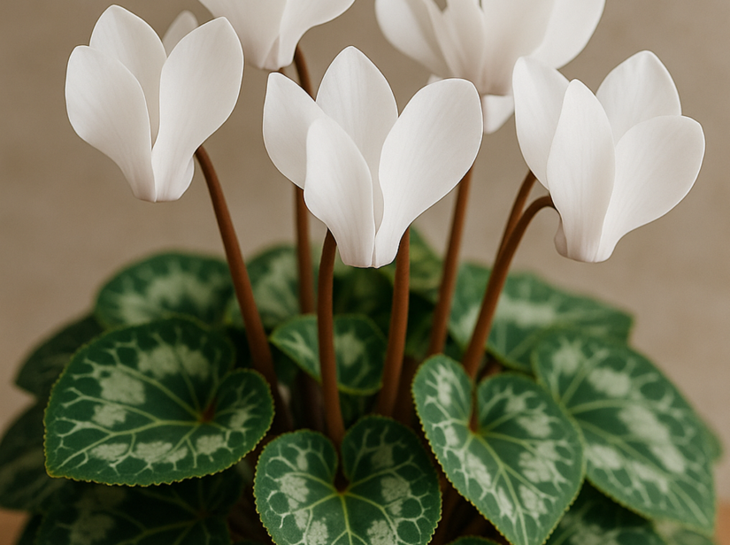Primo piano di un ciclamino con fiori bianchi e foglie variegate, coltivato in vaso.