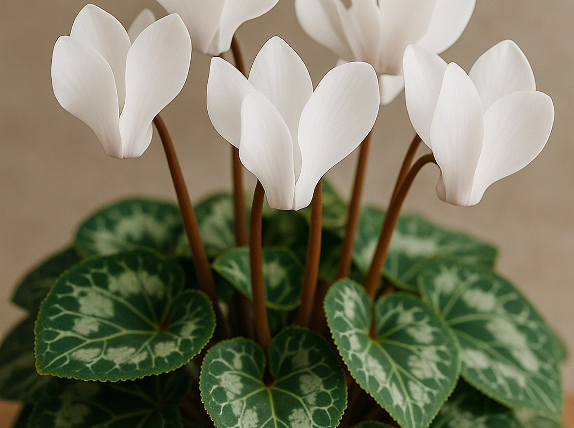 Primo piano di un ciclamino con fiori bianchi e foglie variegate, coltivato in vaso.