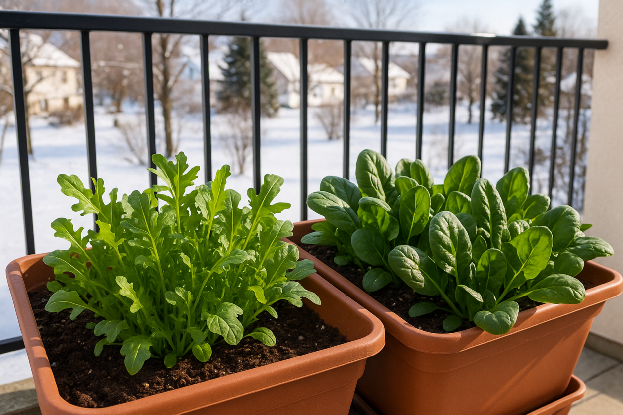 Insalate invernali come rucola e spinaci coltivate in vasi su un balcone esposto alla luce.