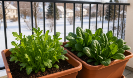 Insalate invernali come rucola e spinaci coltivate in vasi su un balcone esposto alla luce.