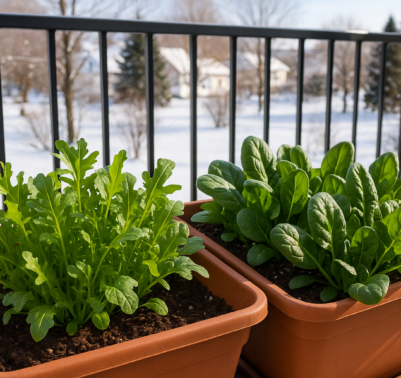 Insalate invernali come rucola e spinaci coltivate in vasi su un balcone esposto alla luce.