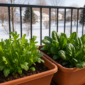 Insalate invernali come rucola e spinaci coltivate in vasi su un balcone esposto alla luce.