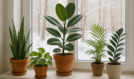 Piante d’appartamento posizionate vicino a una finestra luminosa durante l’inverno.