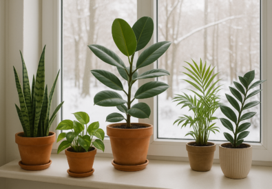Piante d’appartamento posizionate vicino a una finestra luminosa durante l’inverno.