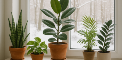 Piante d’appartamento posizionate vicino a una finestra luminosa durante l’inverno.