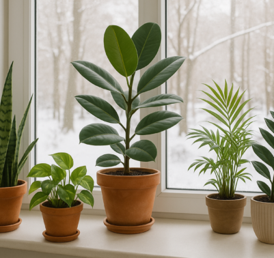 Piante d’appartamento posizionate vicino a una finestra luminosa durante l’inverno.