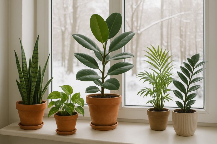 Piante d’appartamento posizionate vicino a una finestra luminosa durante l’inverno.