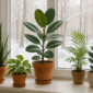 Piante d’appartamento posizionate vicino a una finestra luminosa durante l’inverno.