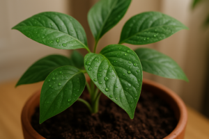 Primo piano di foglie verdi con terriccio leggermente umido in un ambiente domestico.