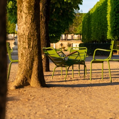 Empty chairs in the Tuileries garden in Paris